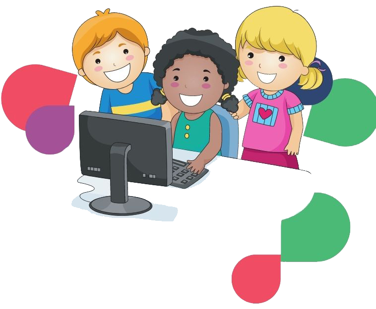 A cartoon image of three smiling children sharing a computer. Two of the children look over the shoulders of the third seated child who is operating the computer.